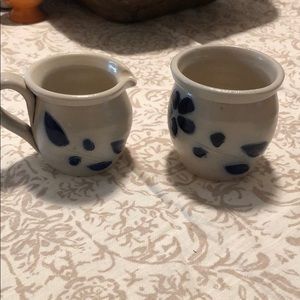 Cream and sugar hand thrown and decorated pottery
